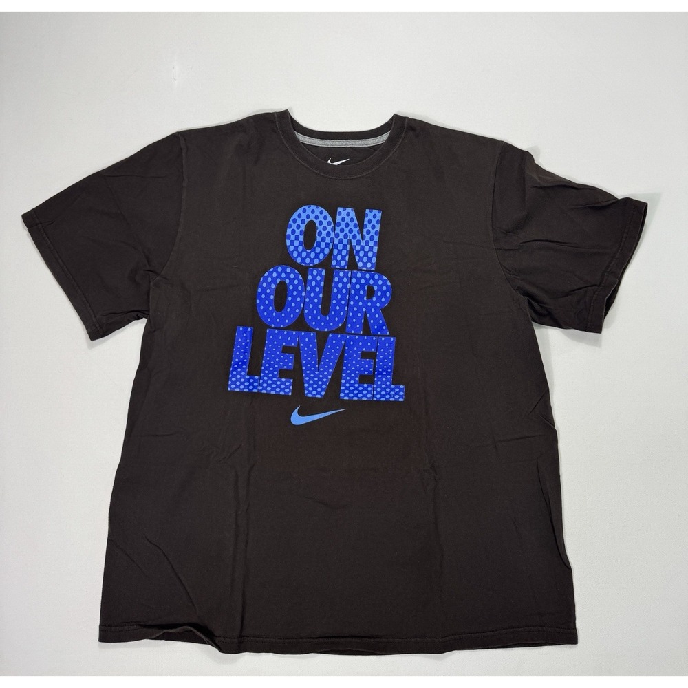 Nike Shirt Mens 2XL Regular Fit T-Shirt On Our Level Spell Out Brown Blue Logo